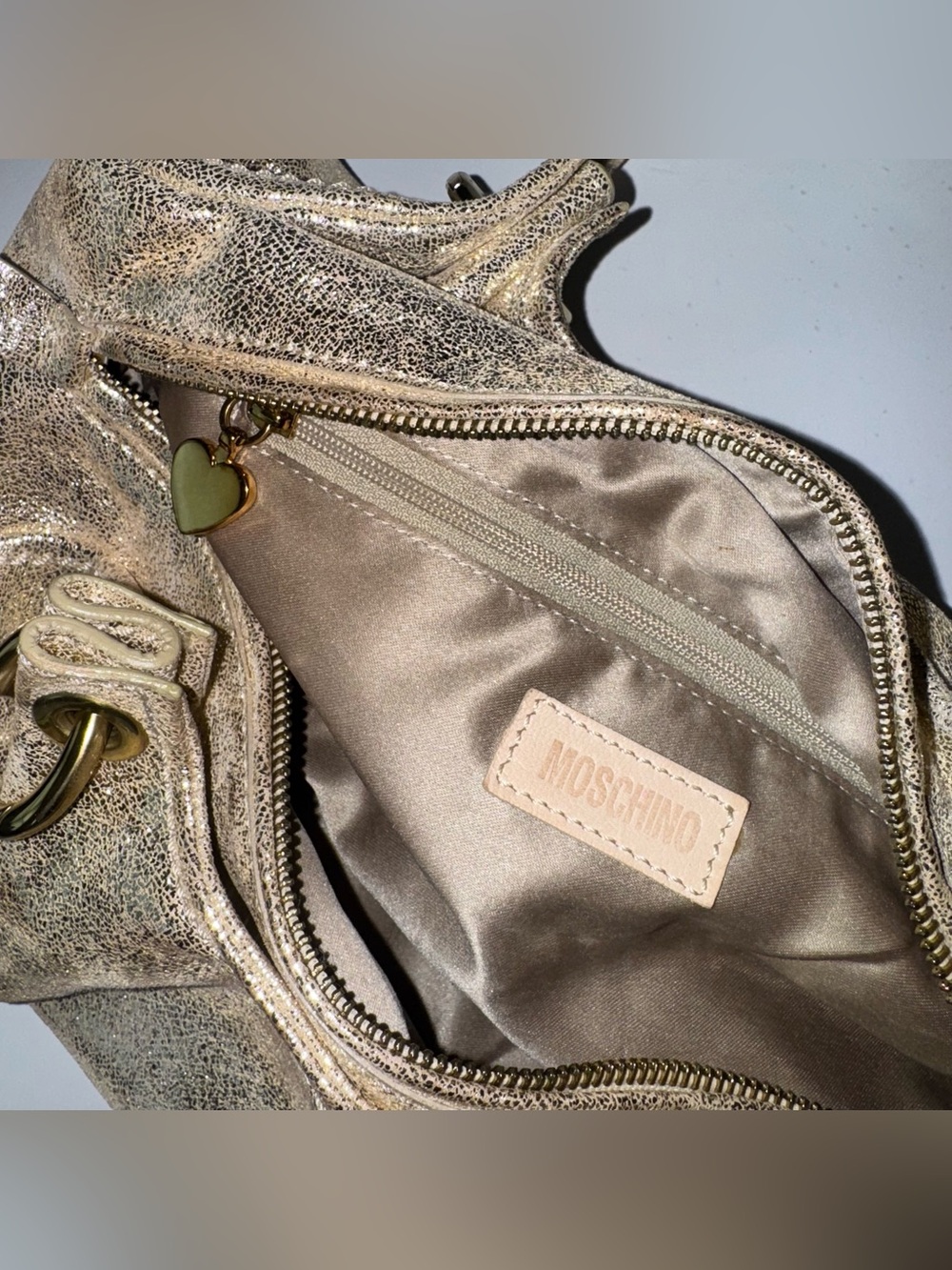 Vintage MOSCHINO Shimmering Gold Champagne Leather Italy Shoulder Hobo Bag - Picture 10 of 16